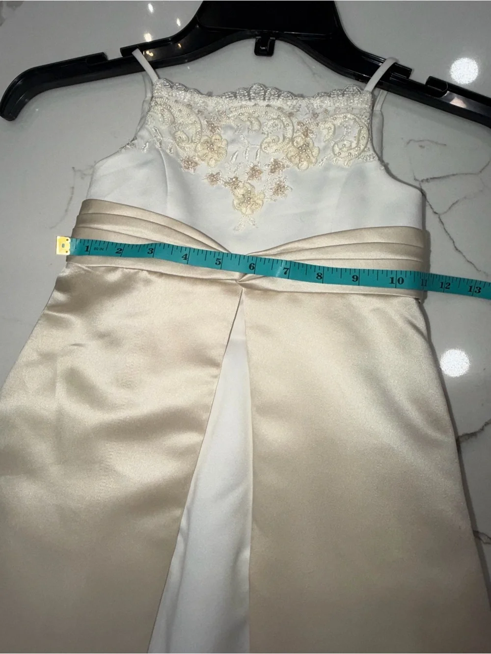David's Bridal 2T Flower Girl Satin Dress High-Low Train - Ivory/Champagne - Picture 6 of 11